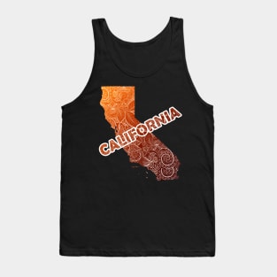 Colorful mandala art map of California with text in brown and orange Tank Top